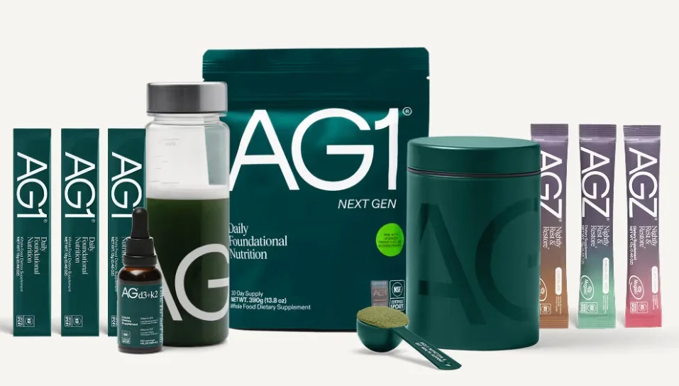 AG1 : Receive FREE AG1 Flavor Sampler + bottle of Vitamin D3+K2, Welcome Kit, when you subscribe.