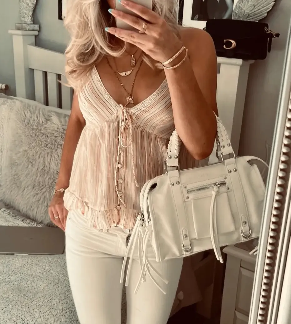 Pin stripe white and pink button top