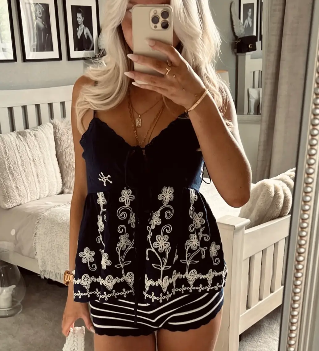 Navy and white embroider floral top