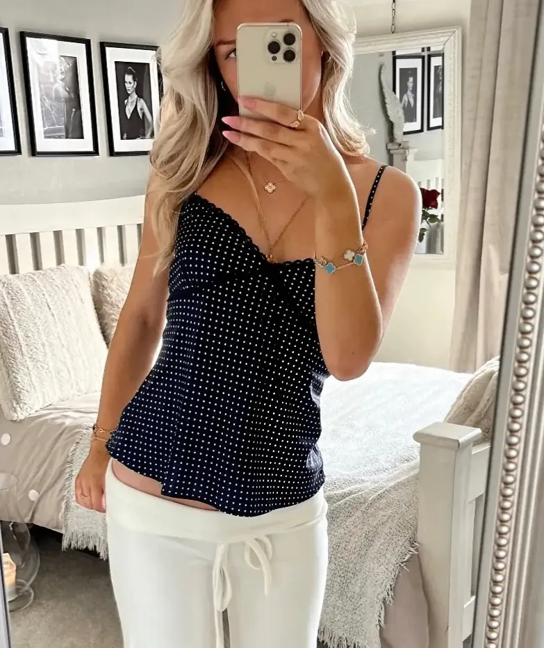 Navy Sweeatheart Polka Dot Top