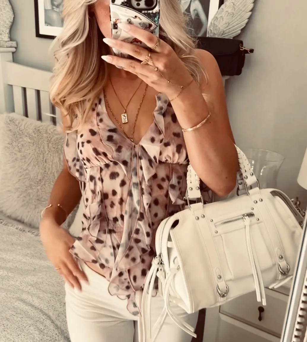 Pink Lepoard Print Frilly Top