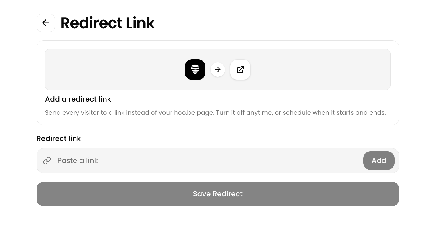 The Redirect Link screen, with a field to paste a destination