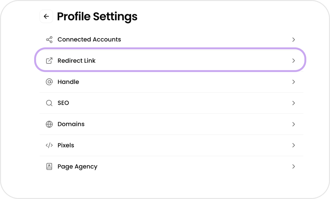 Profile Settings, with the Redirect Link row highlighted