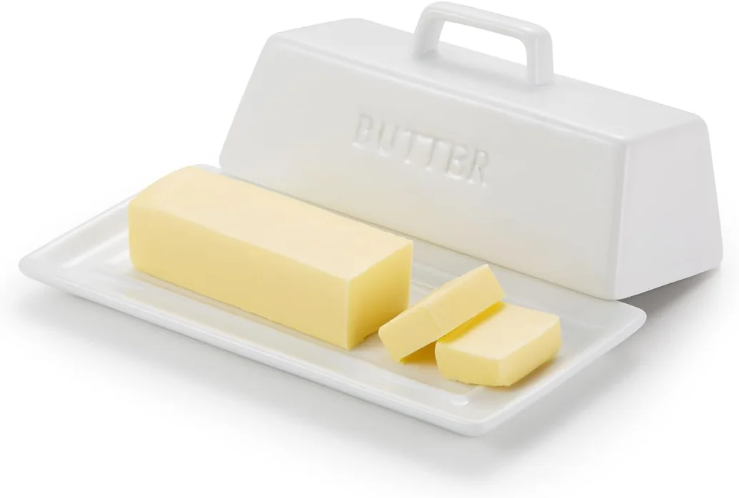 Kook Ceramic Butter Dish with Lid, Kitchen Countertop Butter Keeper, Serving Tray with Cover, Storage Container, Holds 1 Stick, Microwave and Dishwasher Safe, White