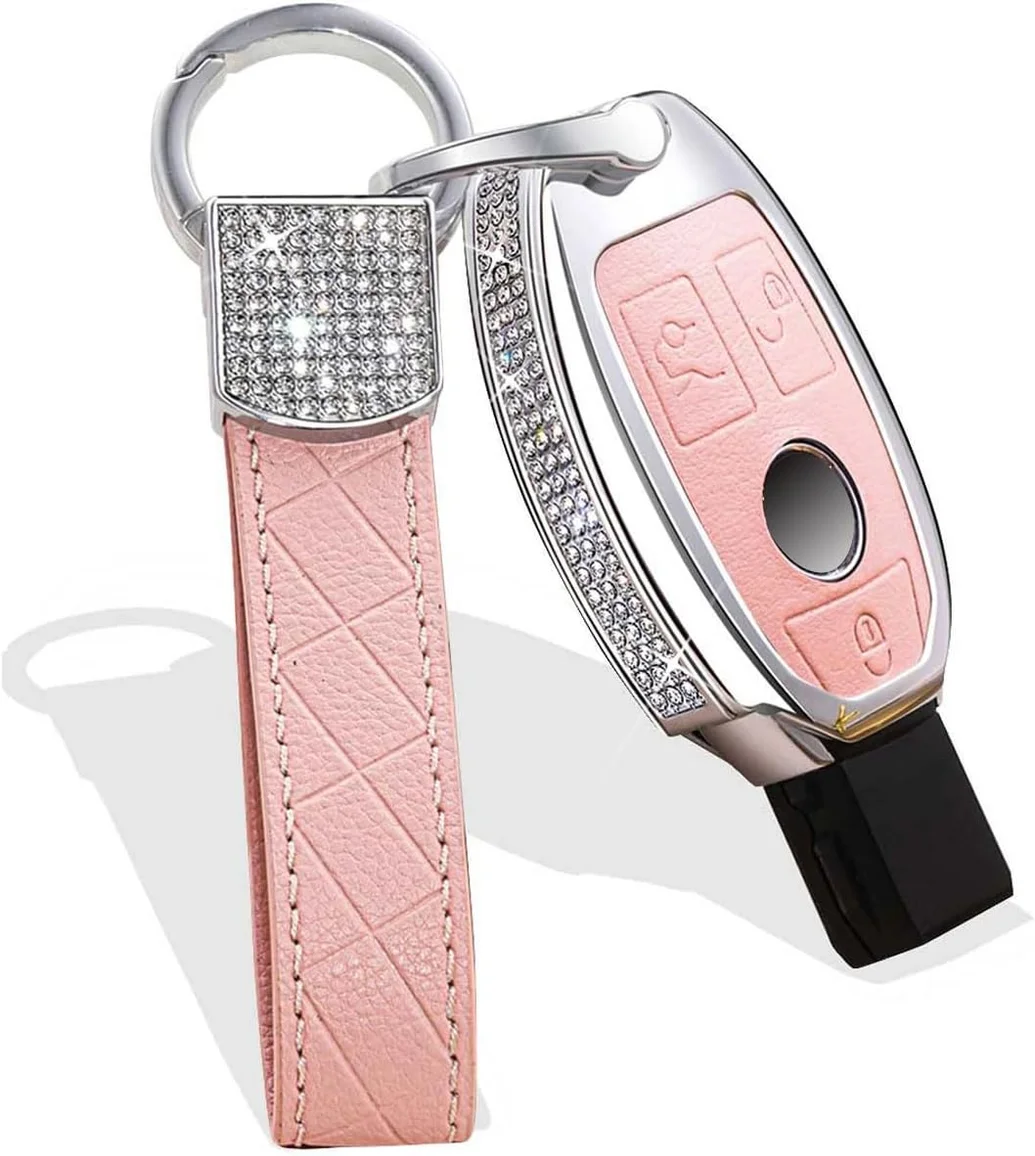MUEKZRU Bling Crystal Leather Key Fob Sleeve Chain Compatible for Mercedes Benz