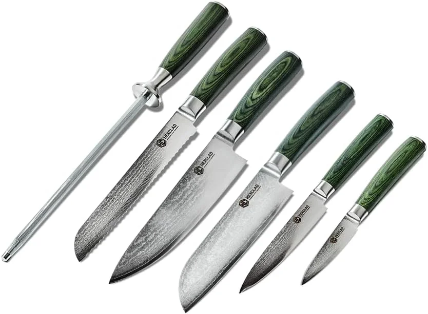 HexClad Green 6 Piece Japanese Damascus Stainless Steel Blade Essential Knife Set, Full Tang Construction, Pakkawood Handle