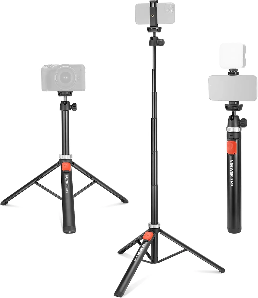 NEEWER Tripod for Cell Phone & Camera with Remote & Phone Holder Compatible with iPhone GoPro Canon Sony DSLR, 62.9" All Metal Portable Selfie Stick Travel Vlog Stand for Video Recording, TS05