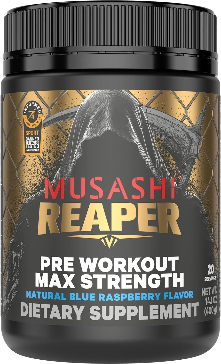 Musashi Reaper Pre Workout Max Strength, Blue Raspberry, 400 g, 20 Servings